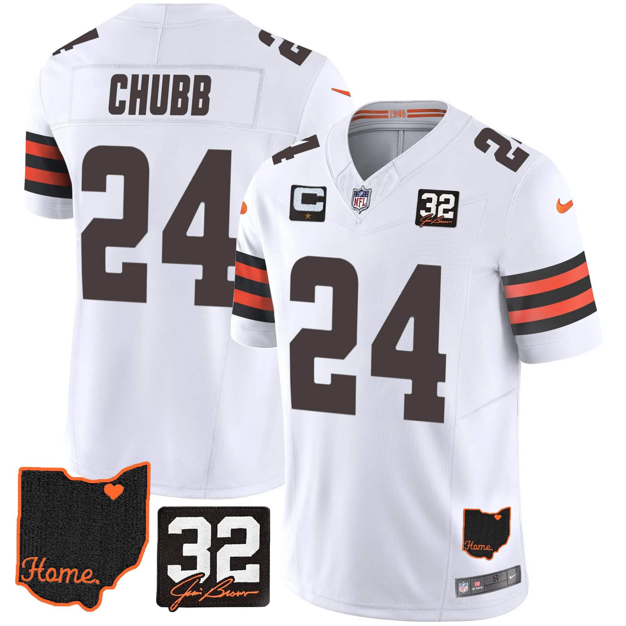 Men Cleveland Browns #24 Chubb White Memorial Home Patch 2024 Nike NFL Jersey